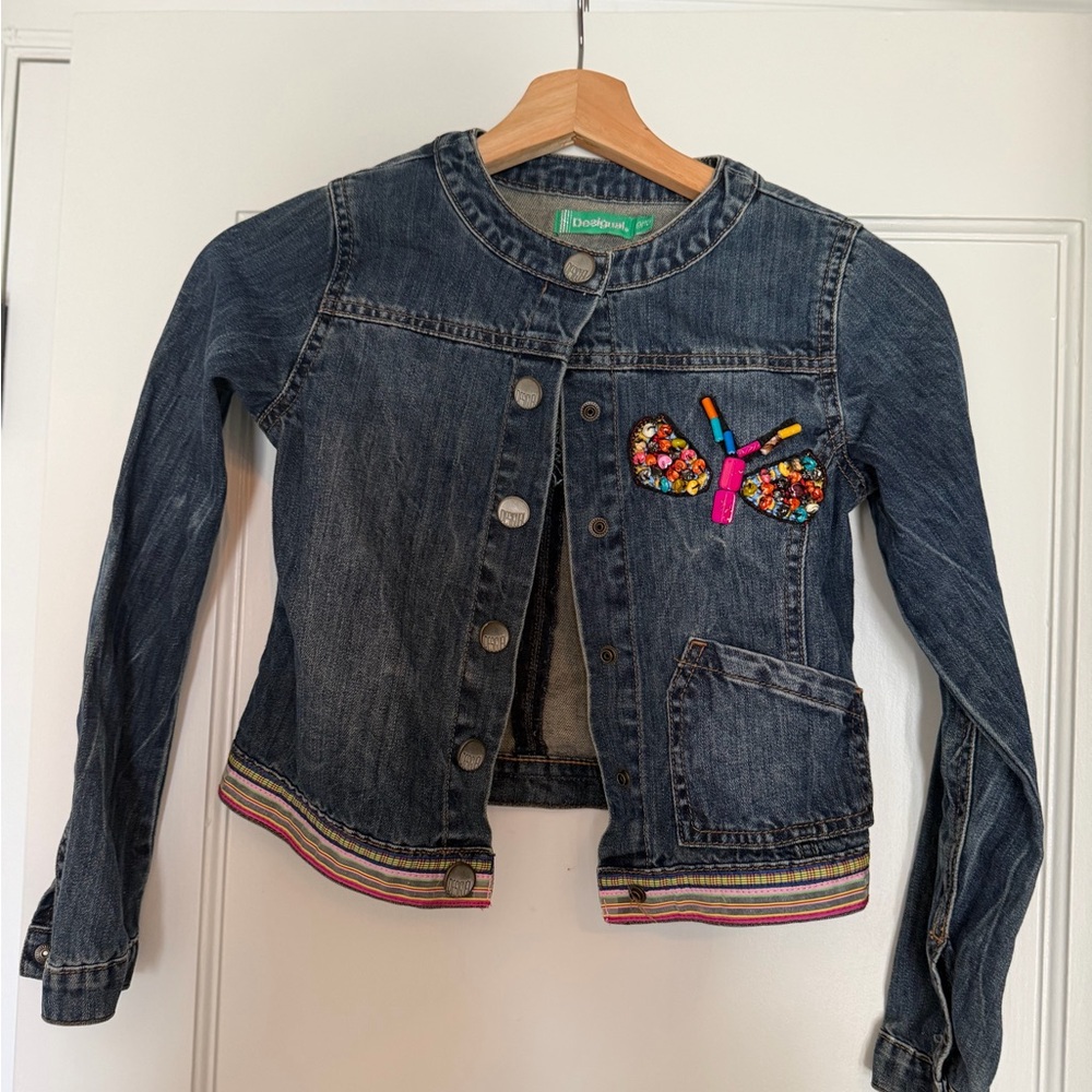 Desigual Dark Blue Denim Jacket with Multicolor Beaded Butterfly